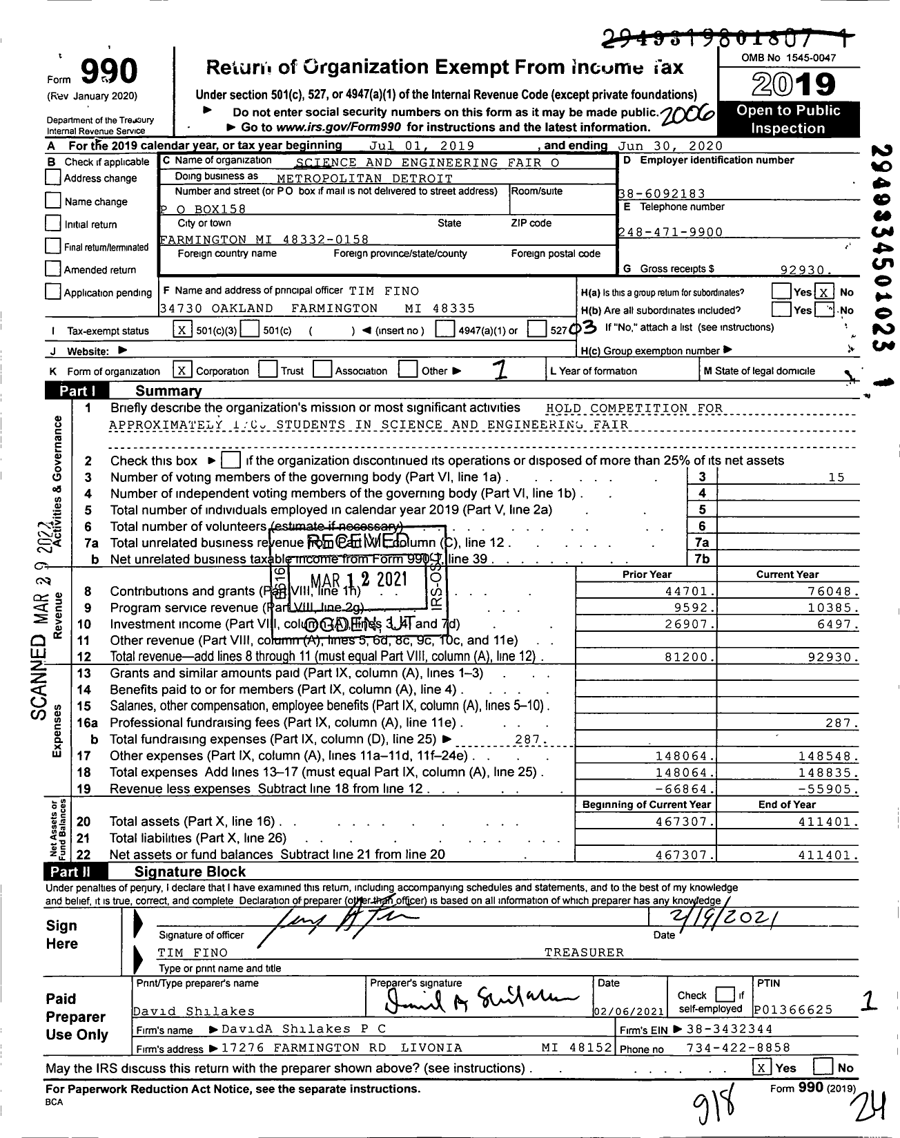 Image of first page of 2019 Form 990 for Science and Engineering Fair of Metropolitan