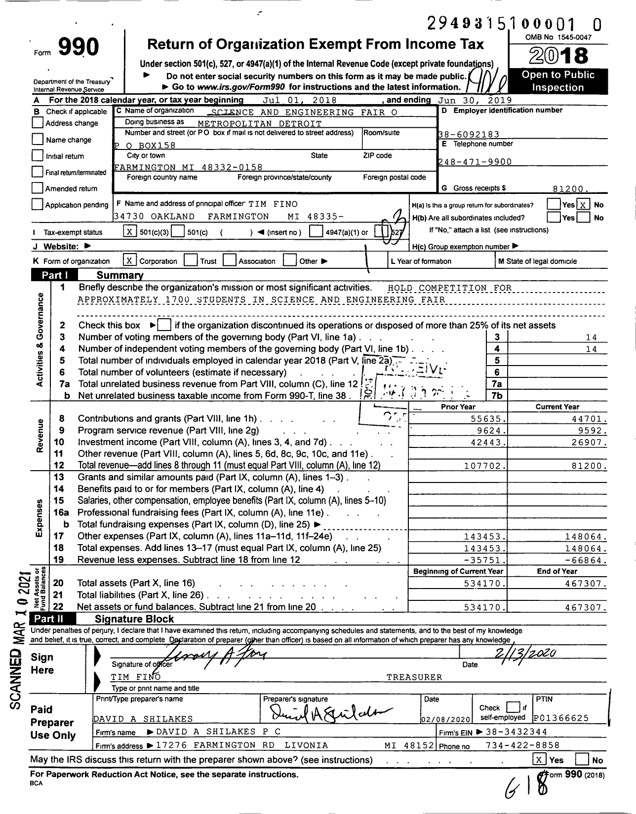 Image of first page of 2018 Form 990 for Science and Engineering Fair of Metropolitan