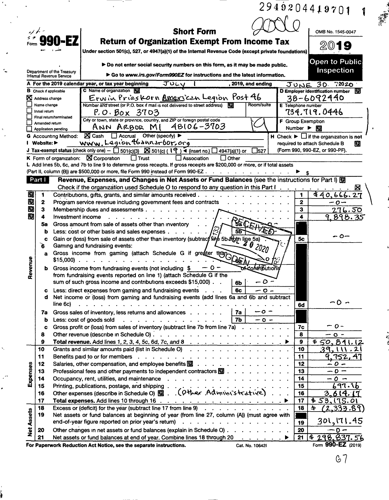Image of first page of 2019 Form 990EO for American Legion - 0046 Post Erwin Prieskorn