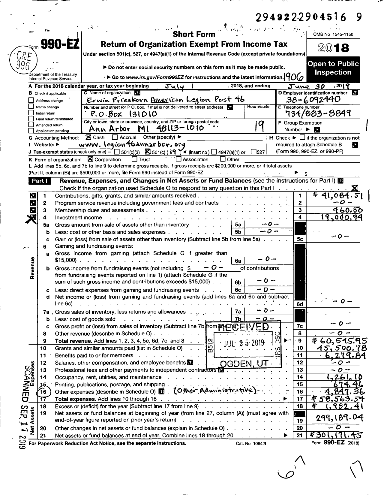 Image of first page of 2018 Form 990EO for American Legion - 0046 Post Erwin Prieskorn