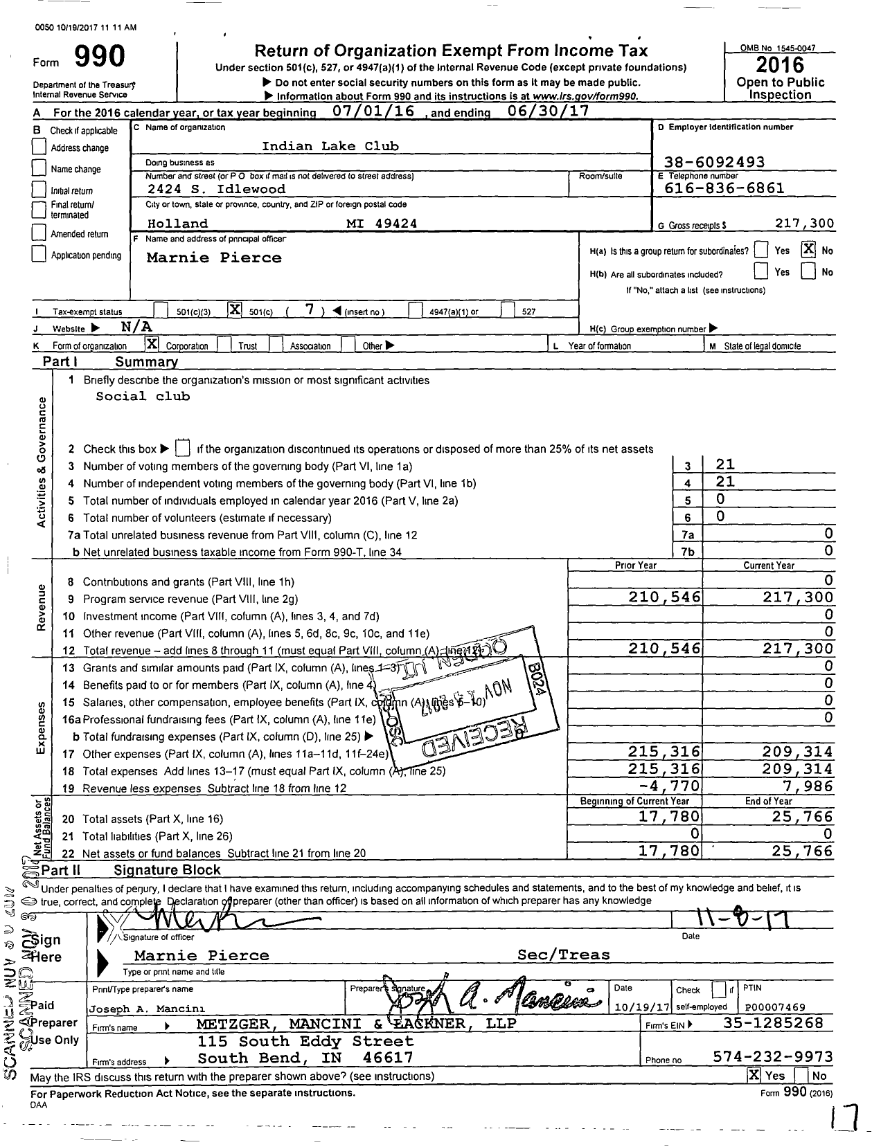 Image of first page of 2016 Form 990O for Indian Lake Club