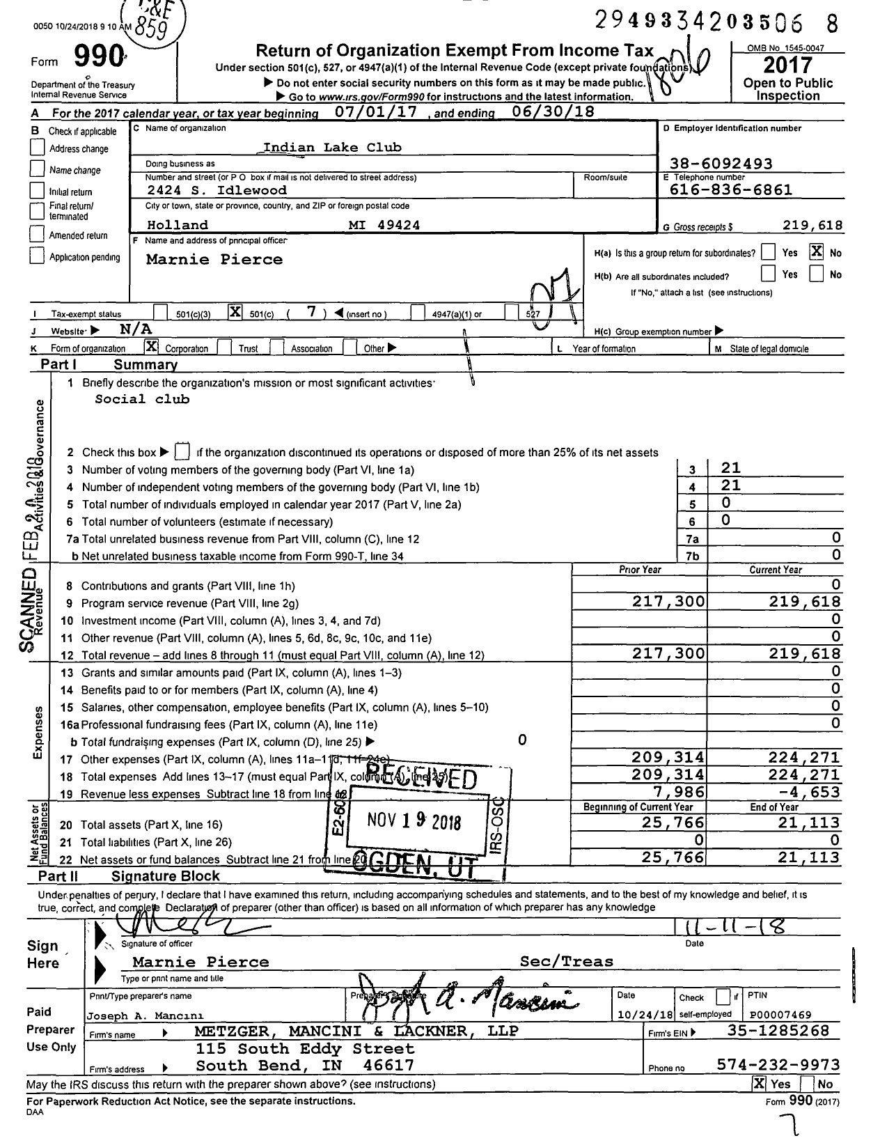 Image of first page of 2017 Form 990O for Indian Lake Club