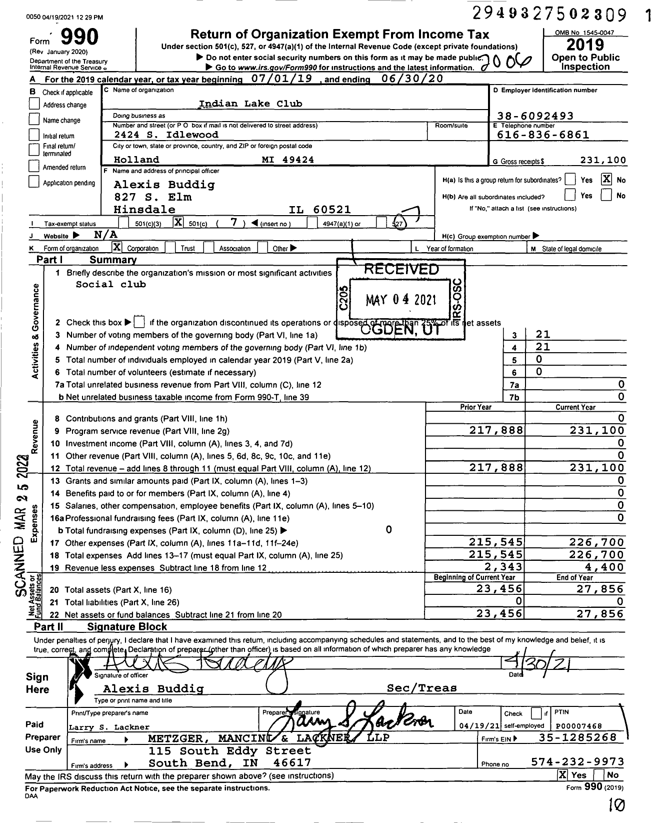 Image of first page of 2019 Form 990O for Indian Lake Club