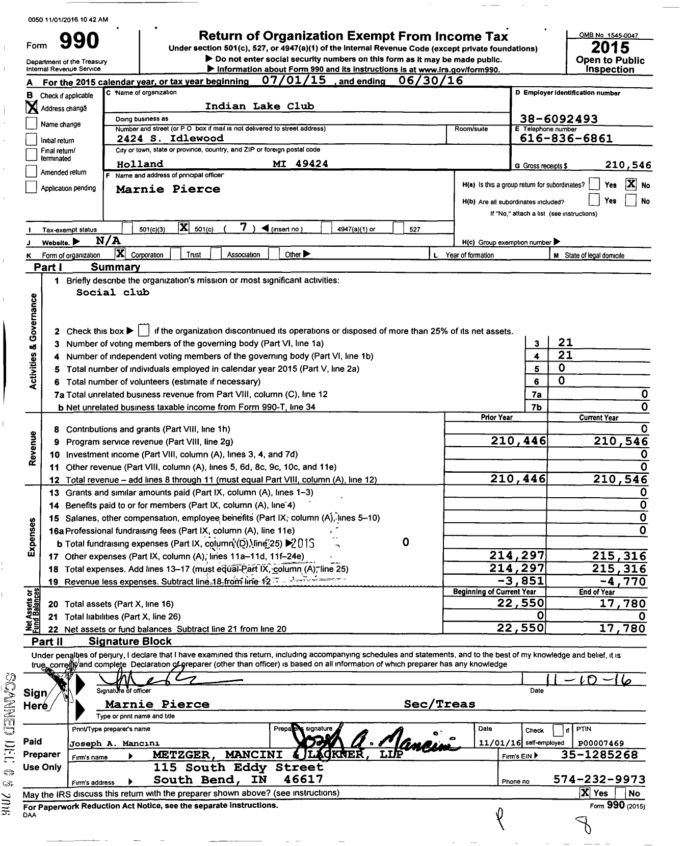 Image of first page of 2015 Form 990O for Indian Lake Club