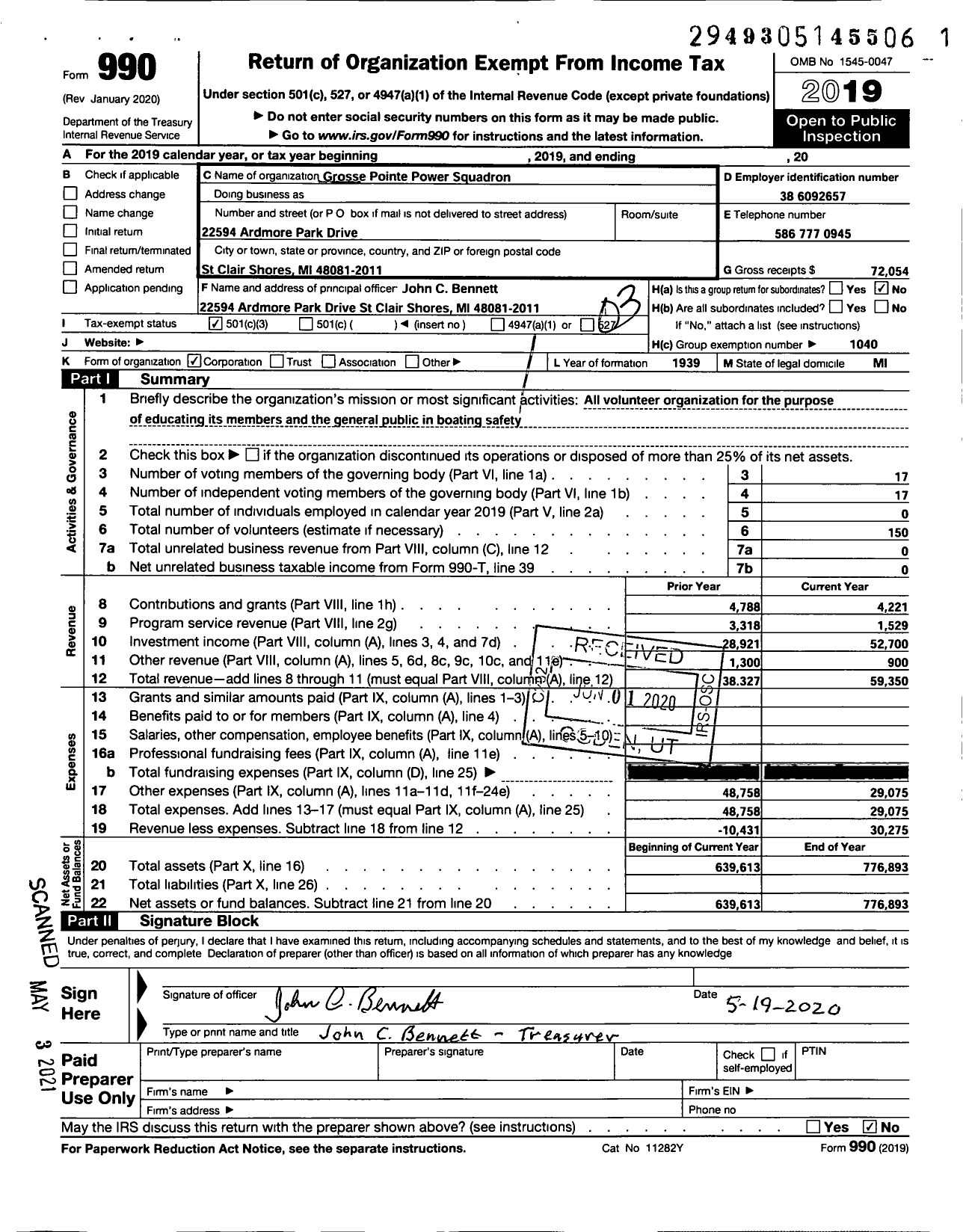 Image of first page of 2019 Form 990 for United States Power Squadrons - Grosse Pointe Power Squadron