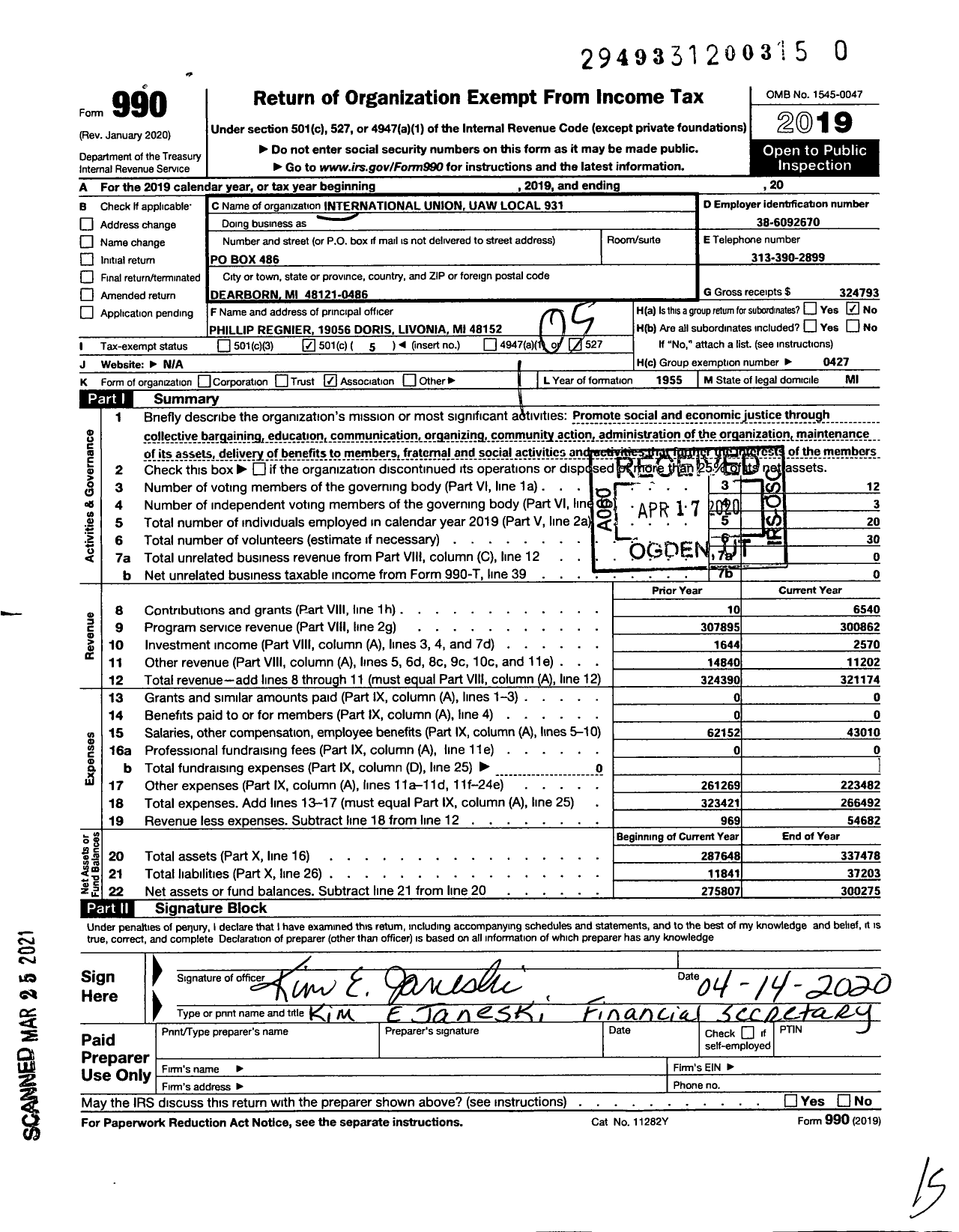 Image of first page of 2019 Form 990O for Uaw - Local Union 931 Uaw