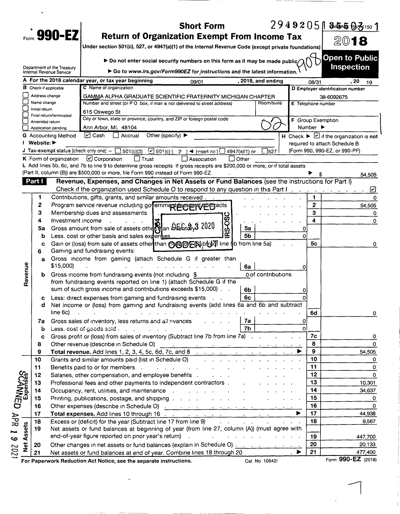 Image of first page of 2018 Form 990EO for Gamma Alpha Graduate Scientific Fraternity Michigan Chapter