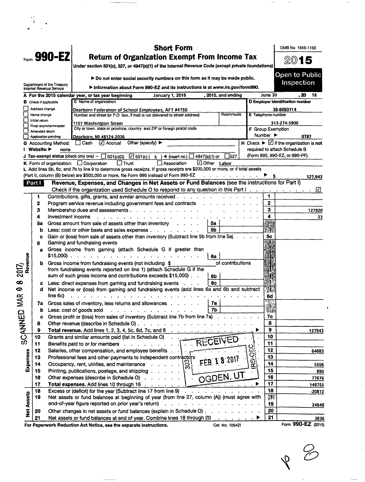 Image of first page of 2015 Form 990EO for American Federation of Teachers - 4750 Local Aft Aft Michigan AFL-CIO