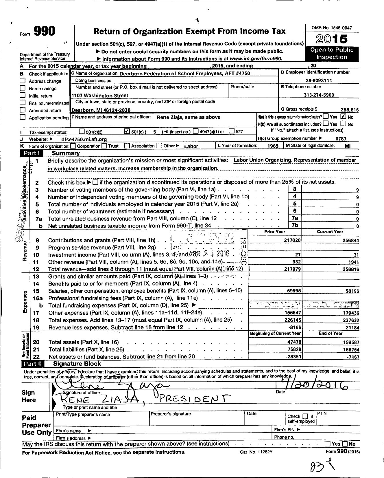 Image of first page of 2015 Form 990O for American Federation of Teachers - 4750 Local Aft Aft Michigan AFL-CIO