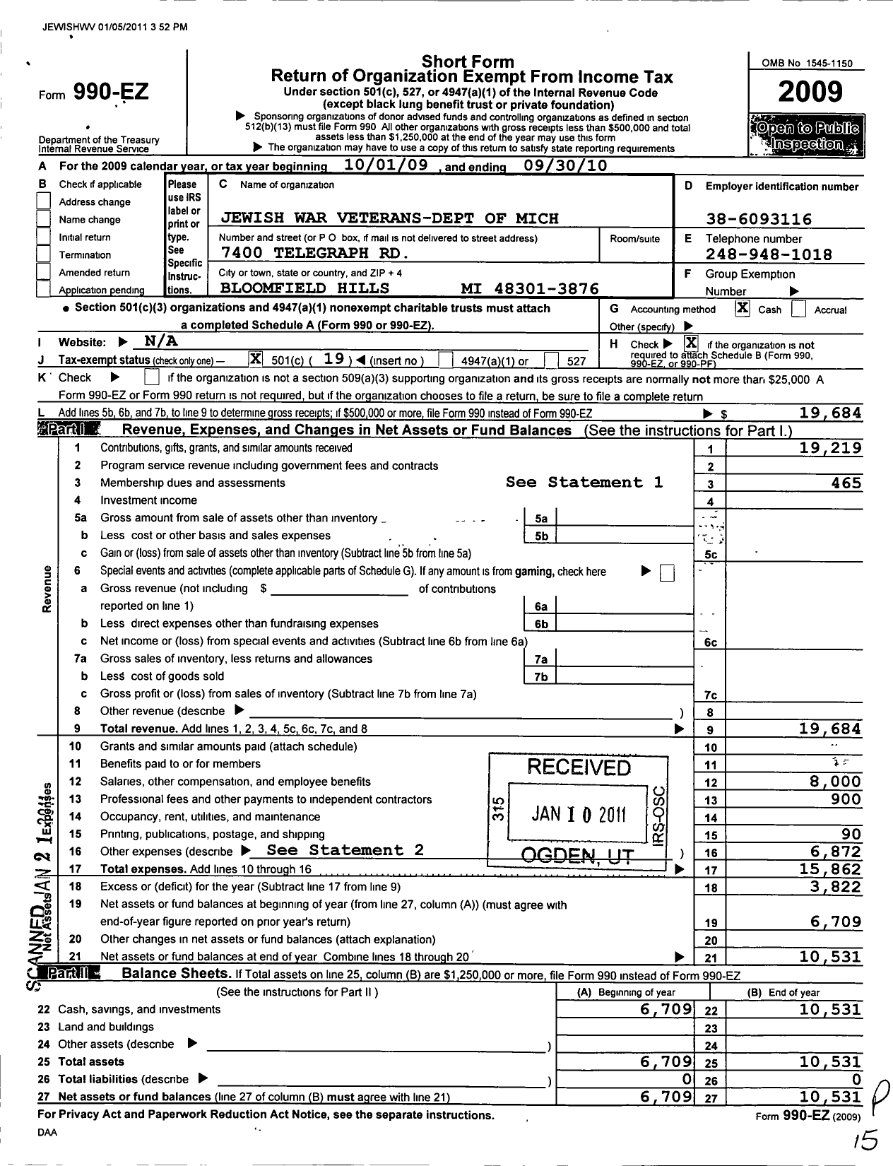 Image of first page of 2009 Form 990EO for Jewish War Veterans of the United States of America / Michigan Department