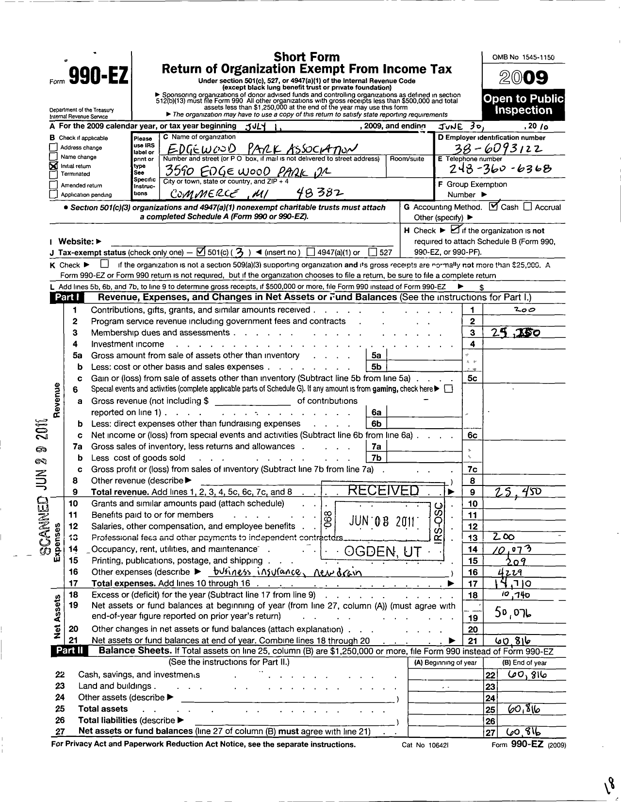 Image of first page of 2009 Form 990EZ for Edgewood Park Association