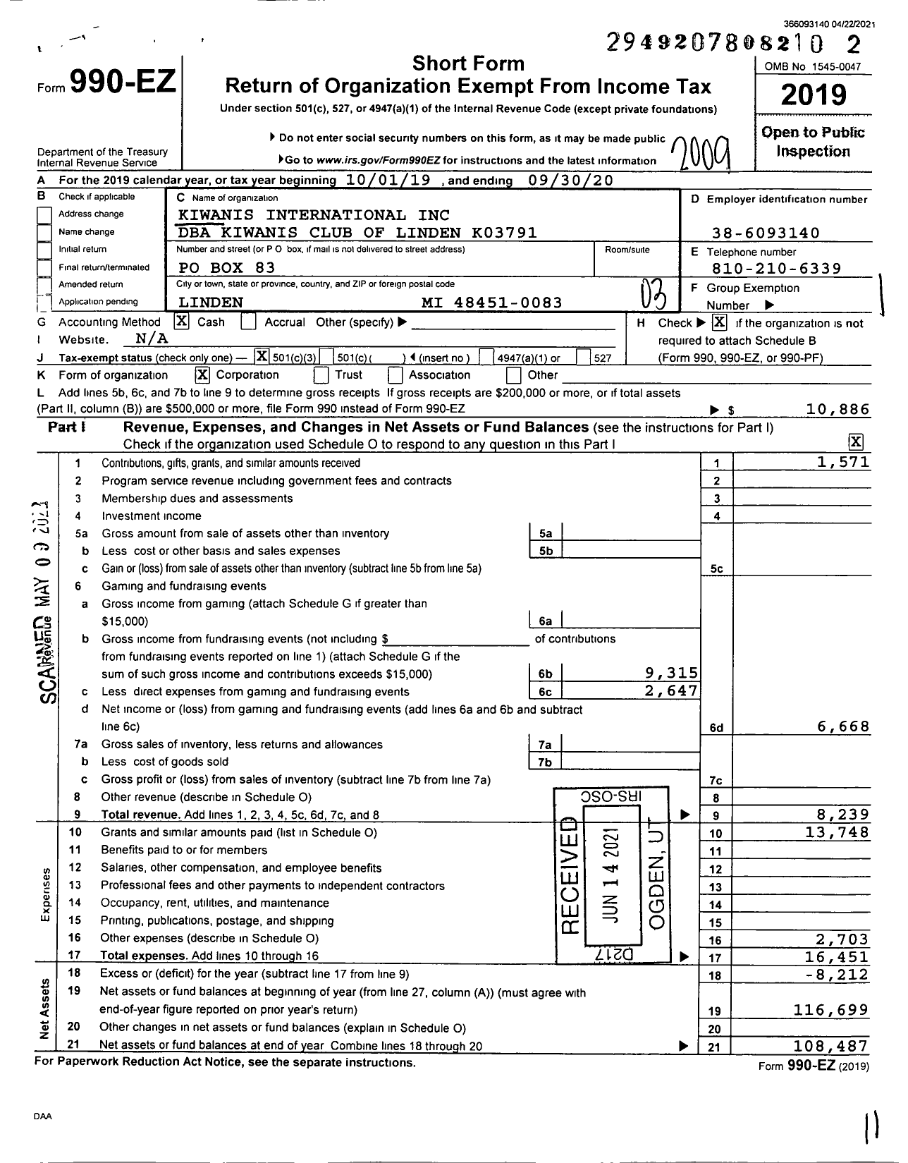 Image of first page of 2019 Form 990EZ for Kiwanis International - K03791 Linden