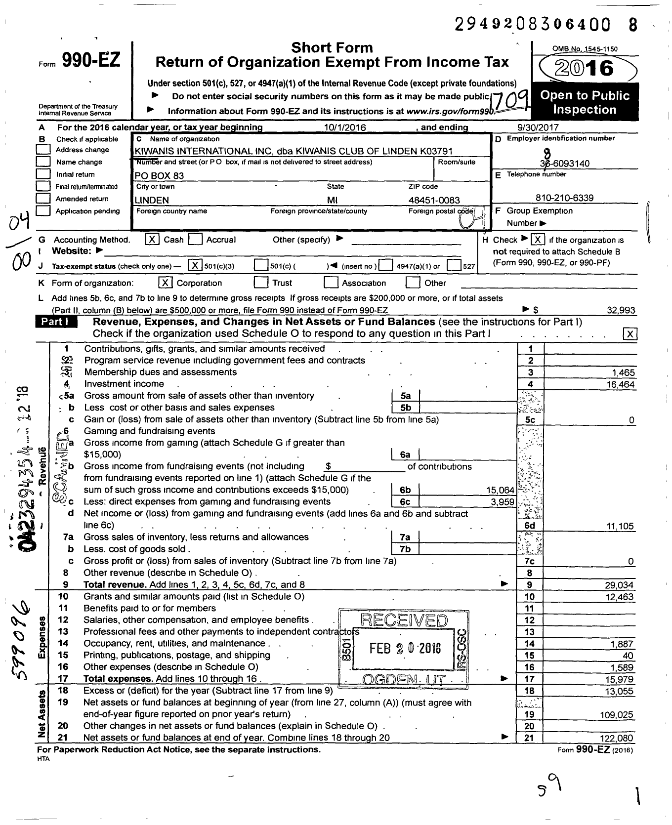 Image of first page of 2016 Form 990EO for Kiwanis International - K03791 Linden