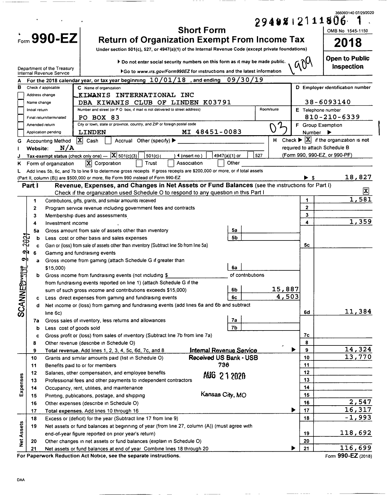 Image of first page of 2018 Form 990EZ for Kiwanis International - K03791 Linden