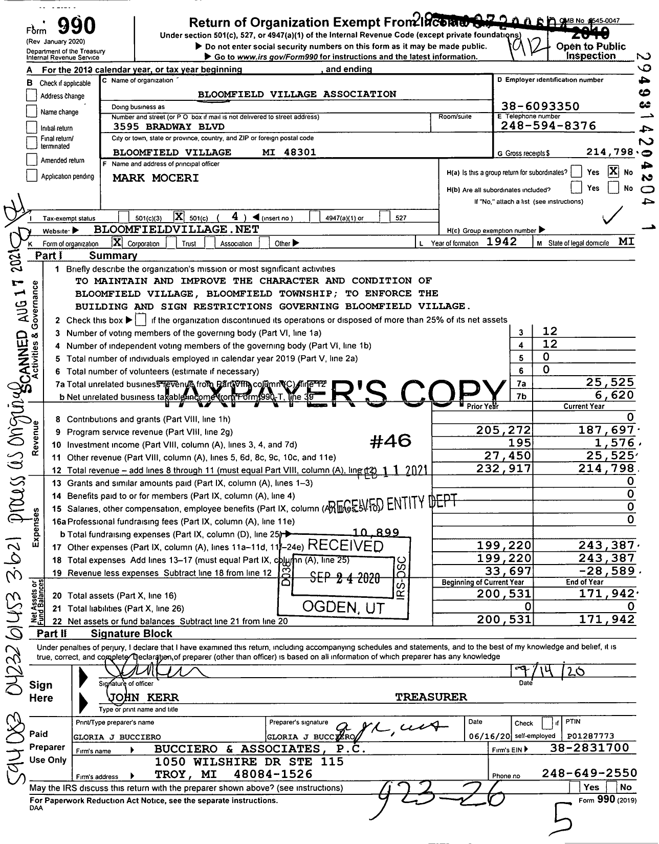 Image of first page of 2019 Form 990O for Bloomfield Village Association