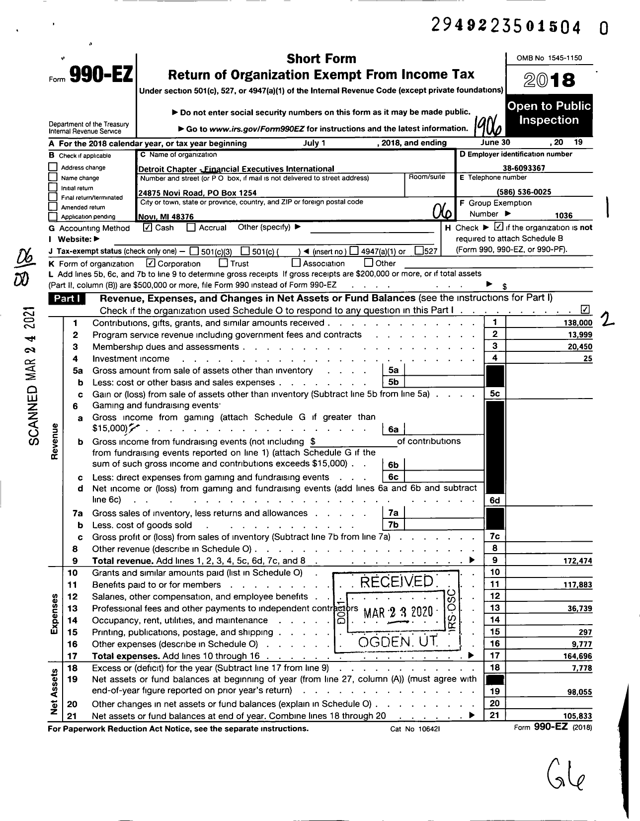 Image of first page of 2018 Form 990EO for Financial Executives International / Detroit Chapter