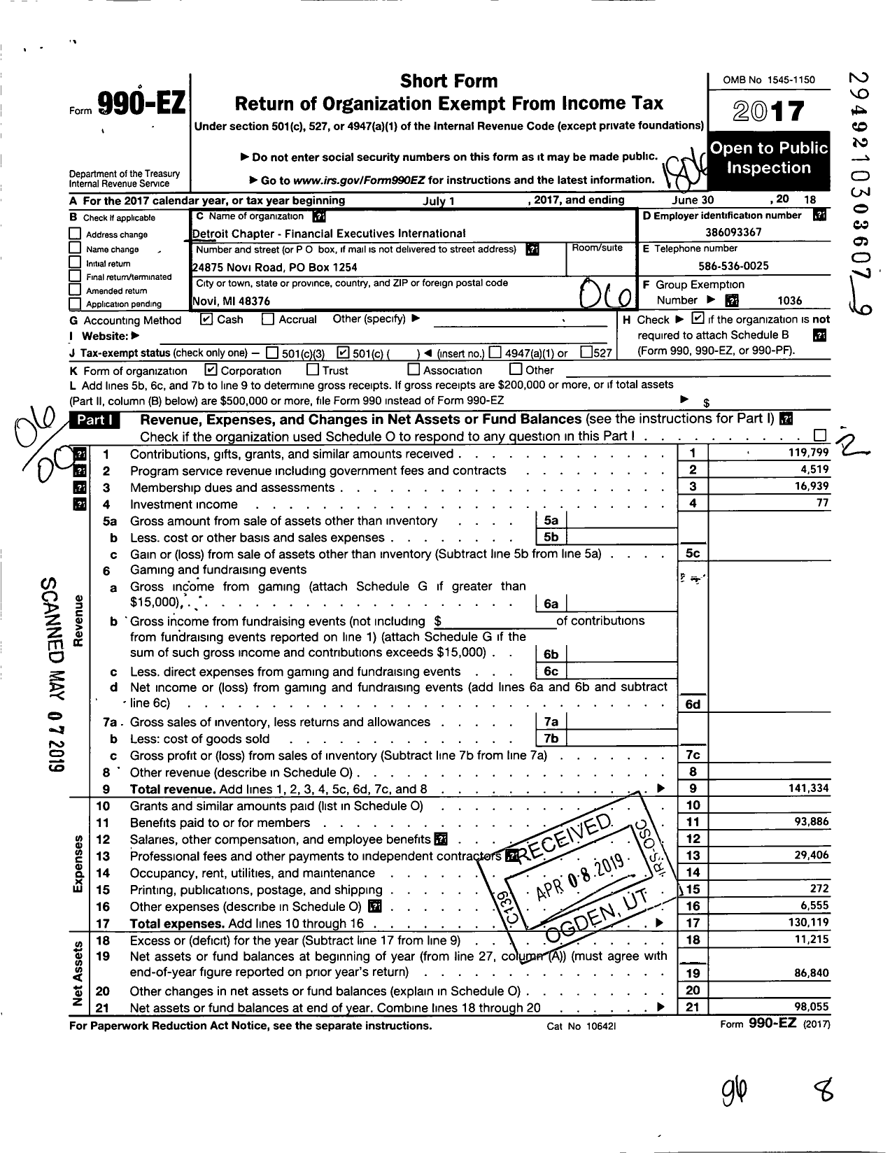 Image of first page of 2017 Form 990EO for Financial Executives International / Detroit Chapter