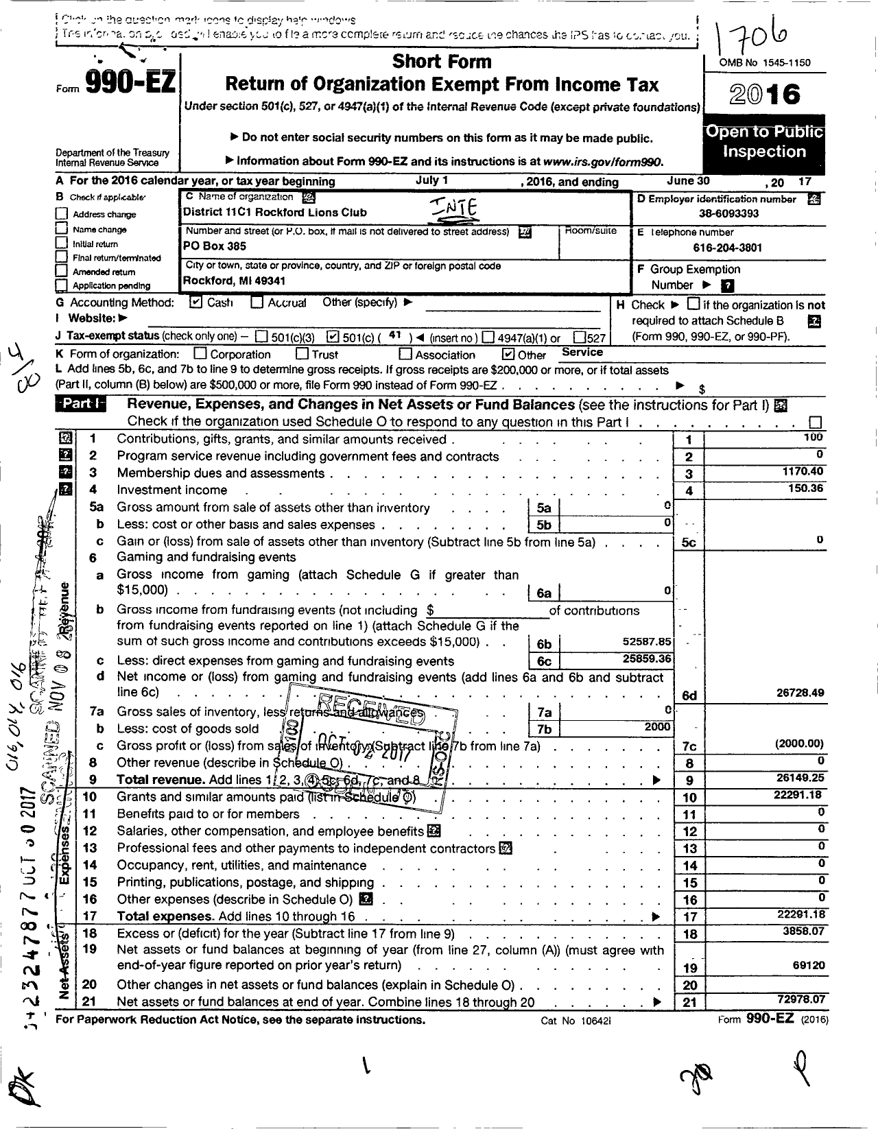 Image of first page of 2016 Form 990EO for Lions Clubs - 11C1 Rockford