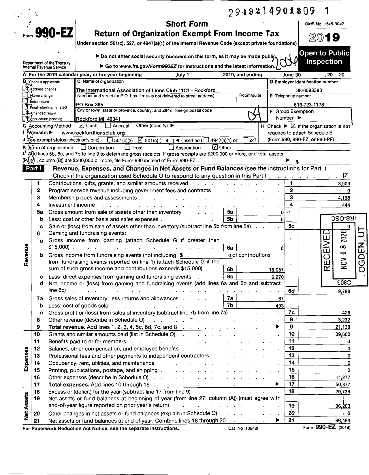 Image of first page of 2019 Form 990EO for Lions Clubs - 11C1 Rockford