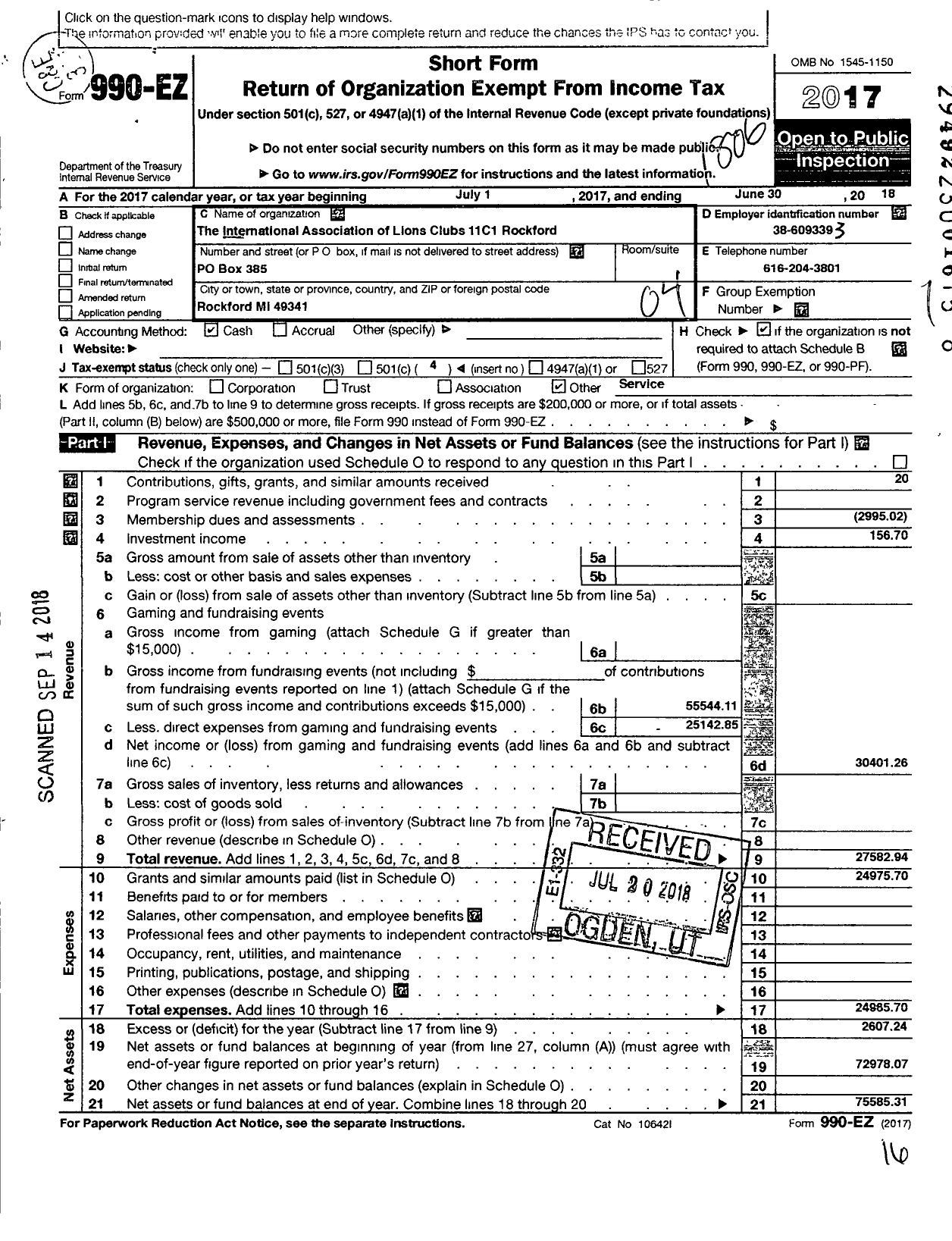 Image of first page of 2017 Form 990EO for Lions Clubs - 11C1 Rockford