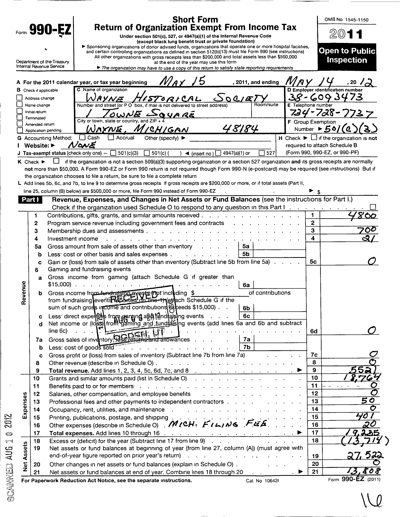 Image of first page of 2011 Form 990EO for Wayne Historical Society