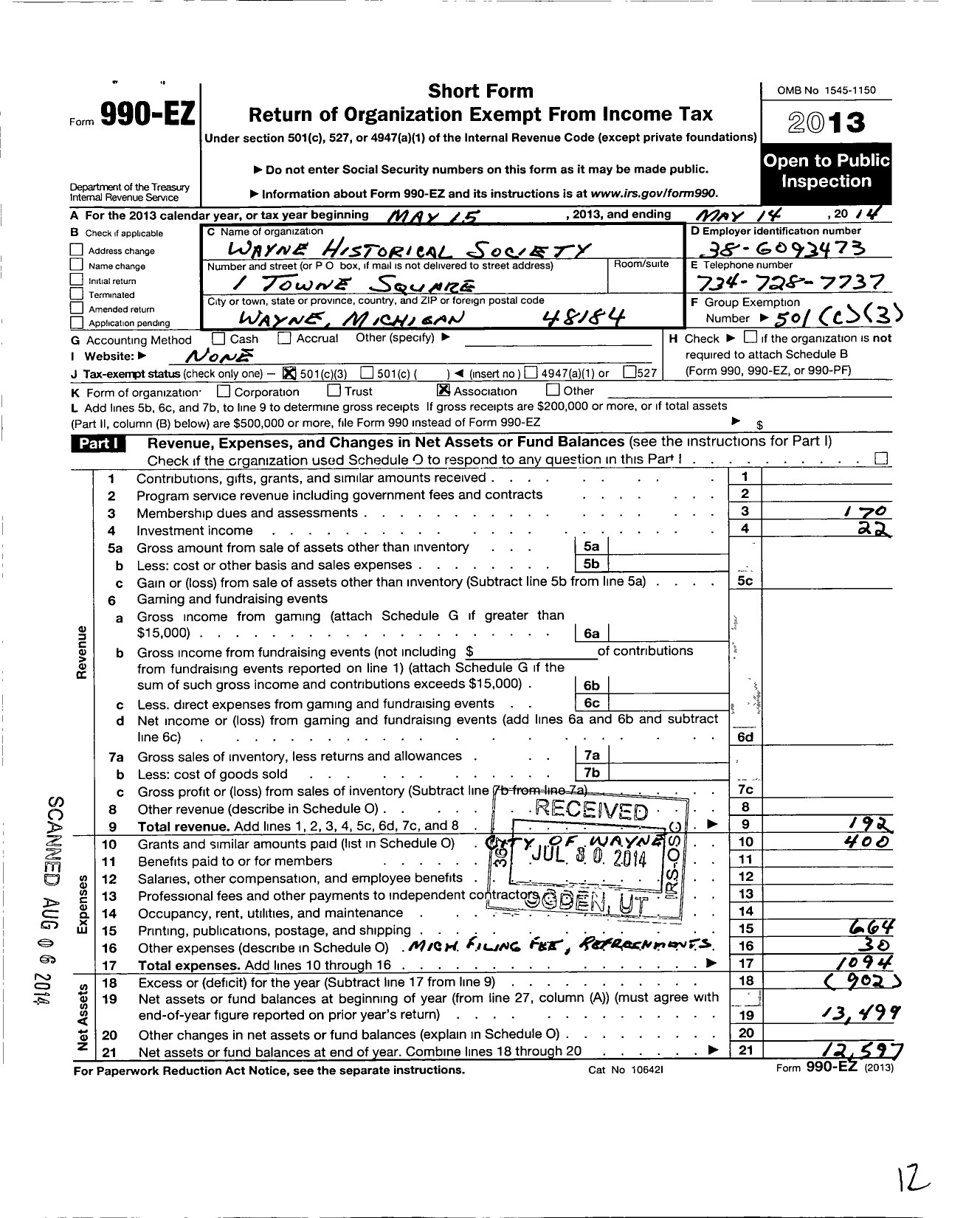 Image of first page of 2013 Form 990EZ for Wayne Historical Society