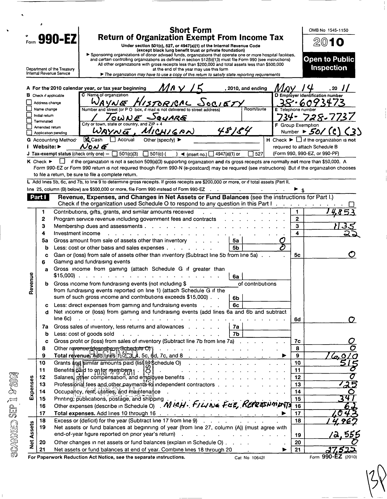 Image of first page of 2010 Form 990EO for Wayne Historical Society