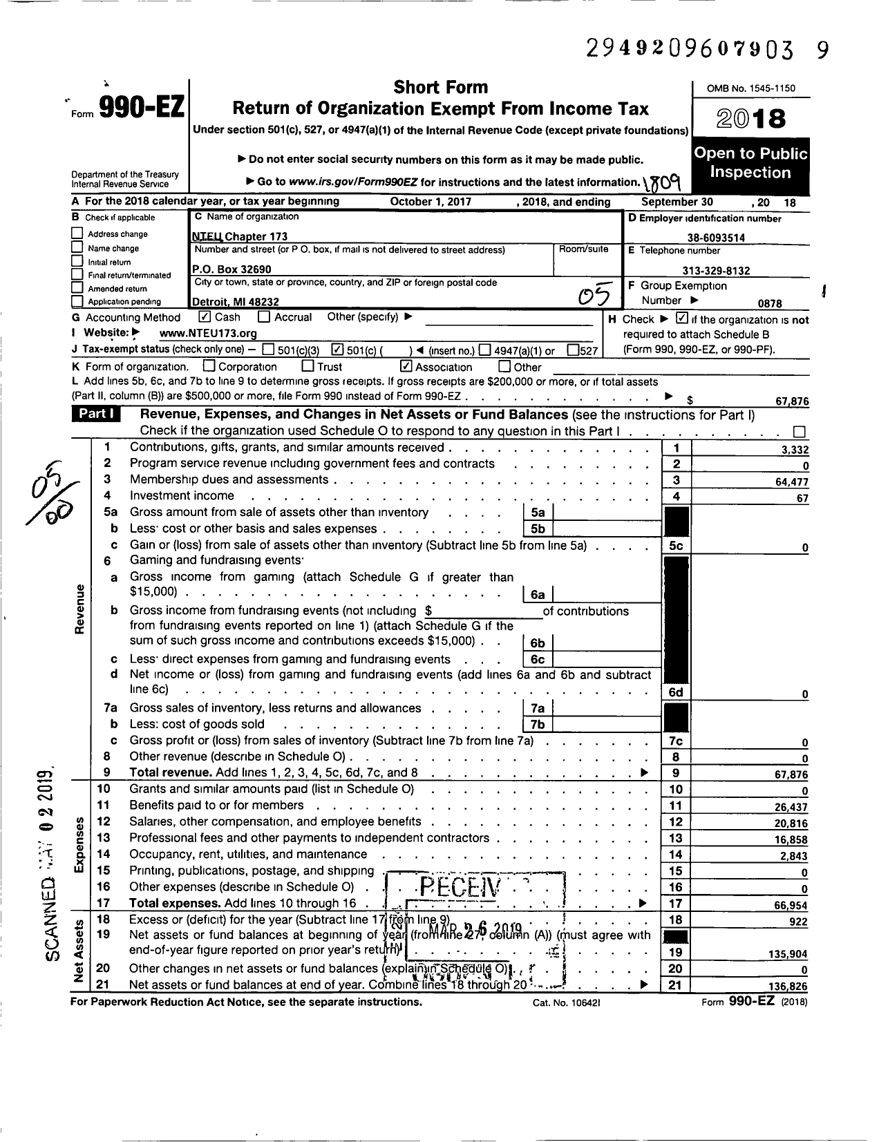 Image of first page of 2017 Form 990EO for National Treasury Employees Union - 173 Chapter Nteu