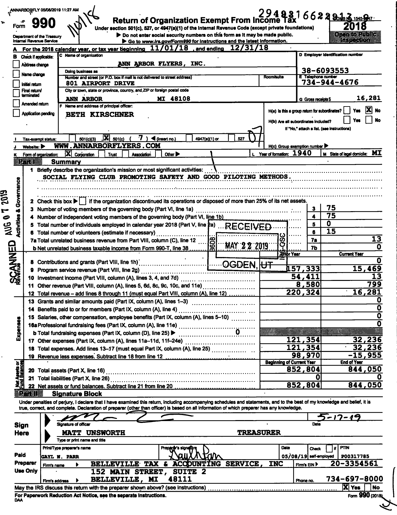 Image of first page of 2018 Form 990O for Ann Arbor Flyers