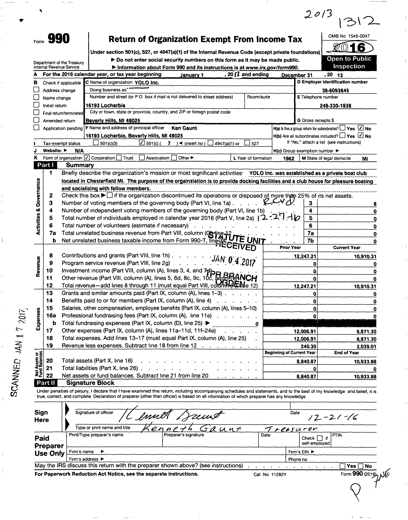 Image of first page of 2013 Form 990O for Yolo