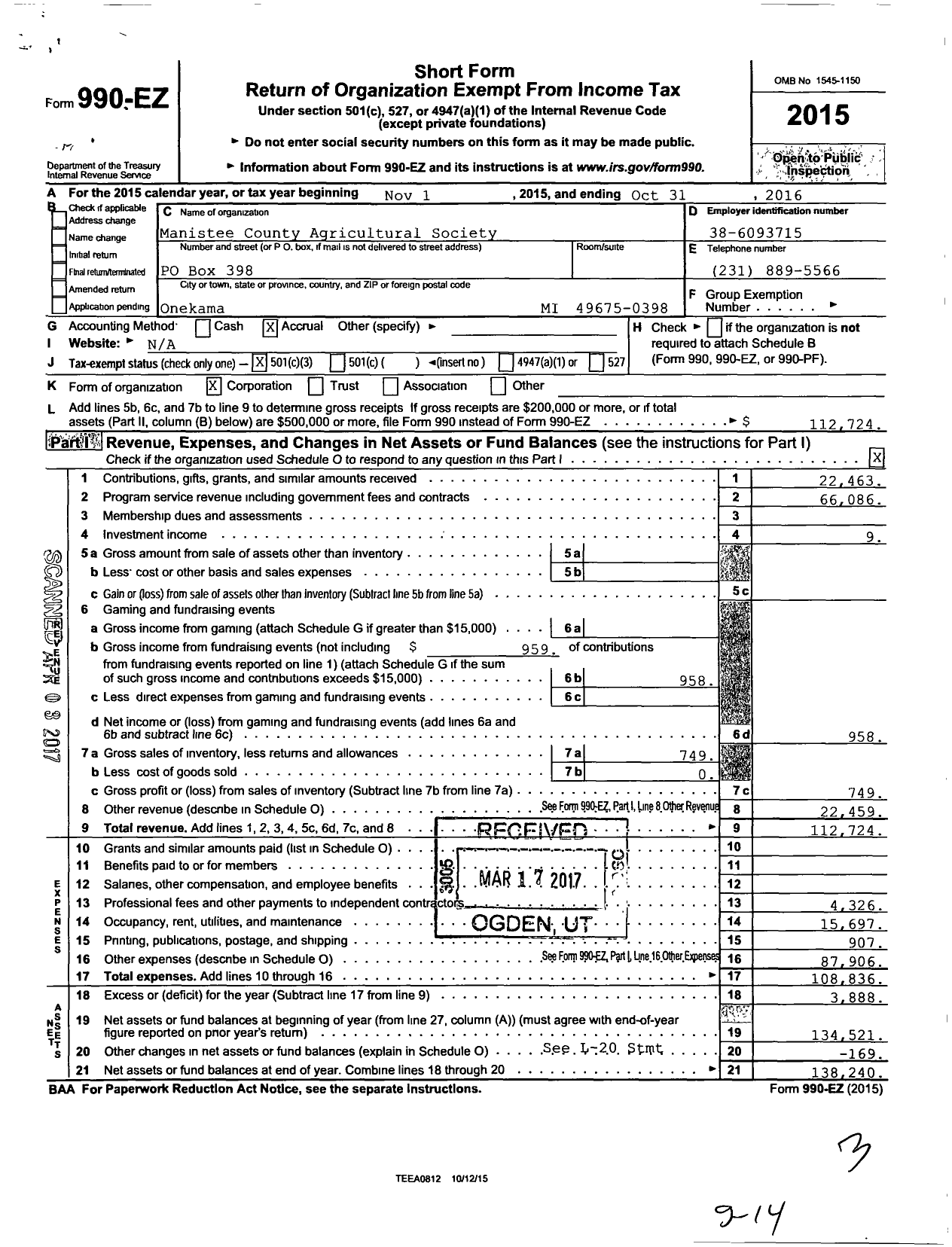 Image of first page of 2015 Form 990EZ for Manistee County Agricultural Society