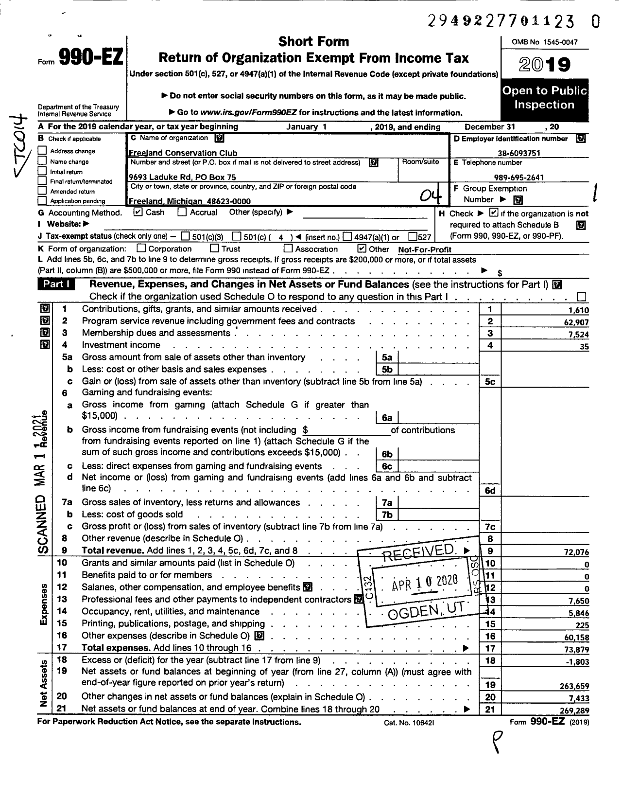 Image of first page of 2019 Form 990EO for Freeland Conservation Club