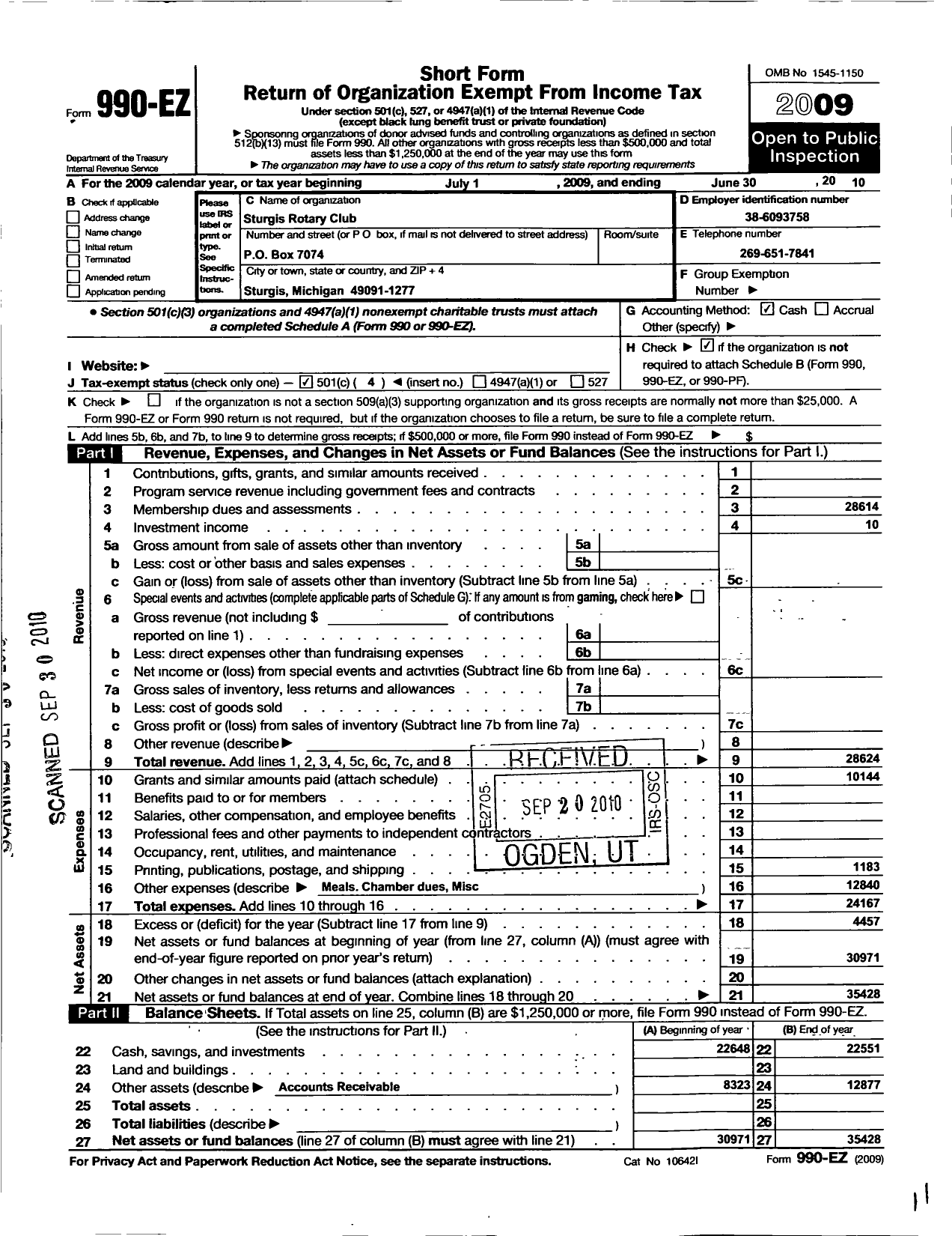 Image of first page of 2009 Form 990EO for Rotary International - Sturgis Rotary Club