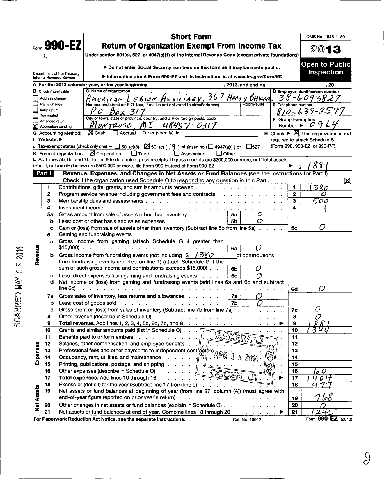 Image of first page of 2013 Form 990EO for American Legion Auxiliary 367 Harry Baker