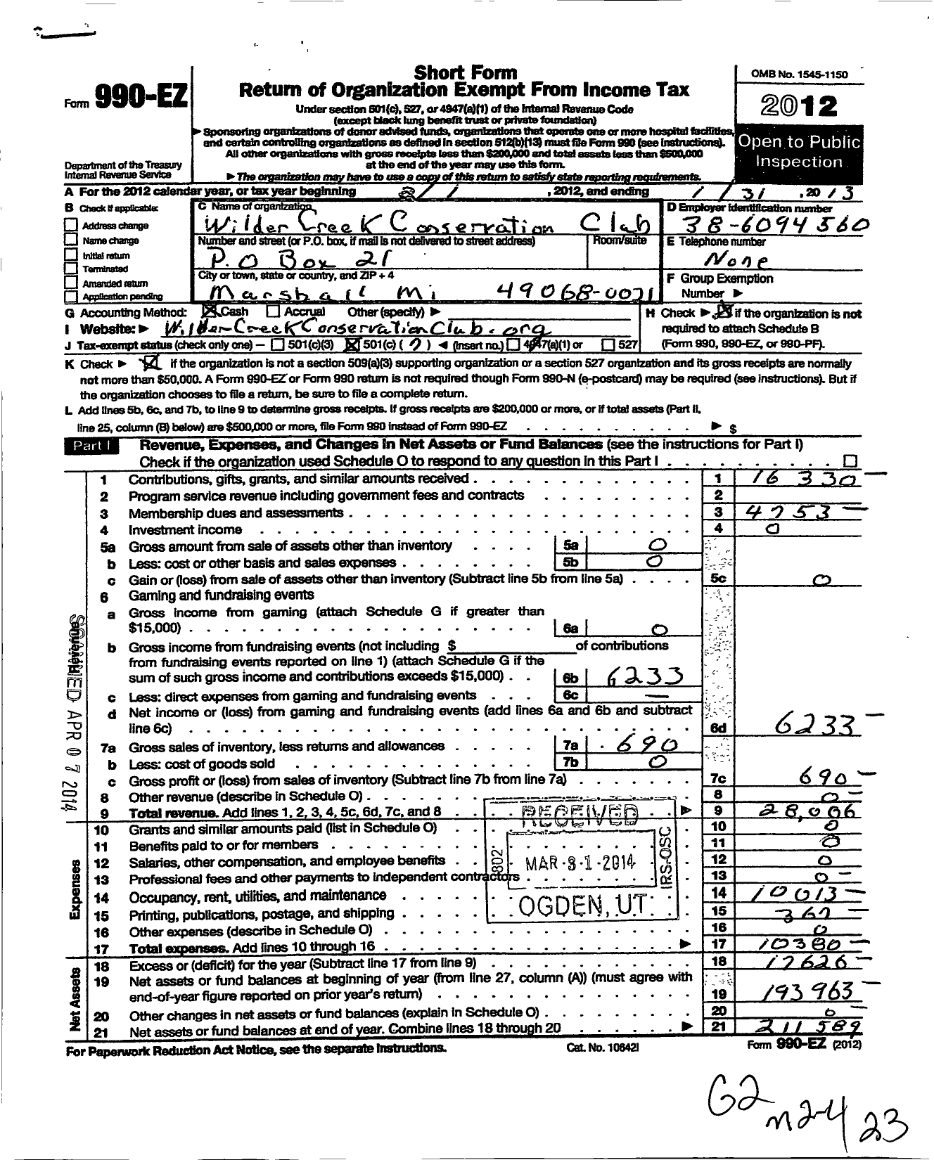 Image of first page of 2012 Form 990EO for Wilder Creek Conservation Club