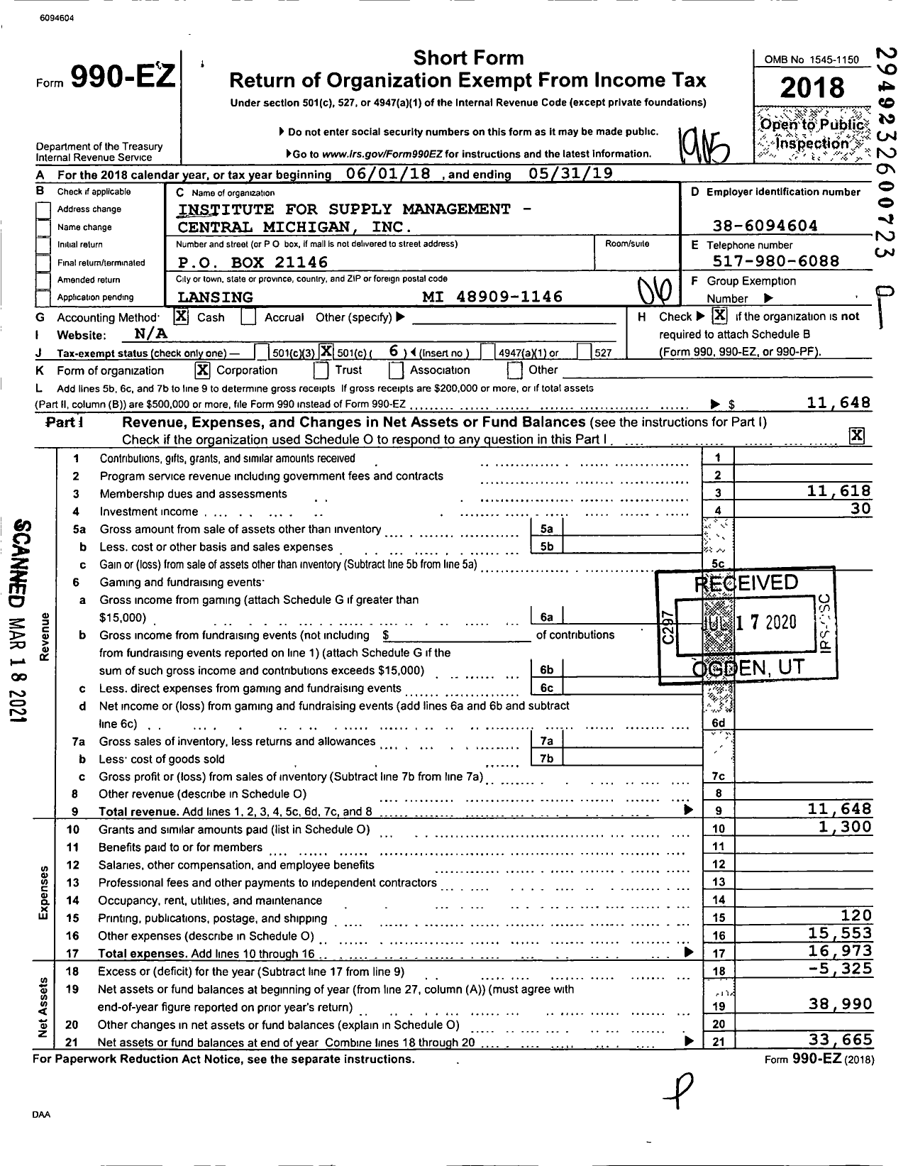 Image of first page of 2018 Form 990EO for Institute for Supply Management - Central Michigan