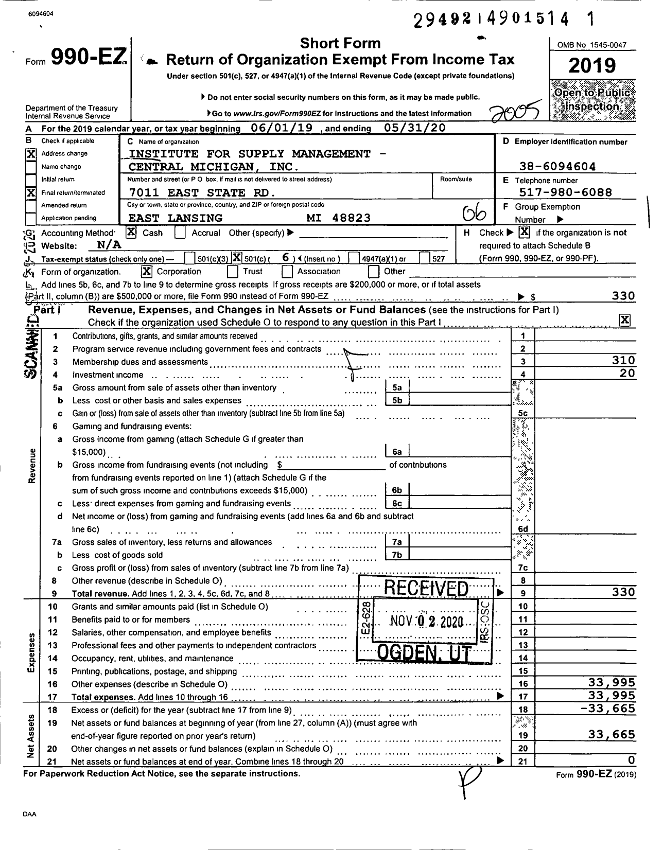 Image of first page of 2019 Form 990EO for Institute for Supply Management - Central Michigan
