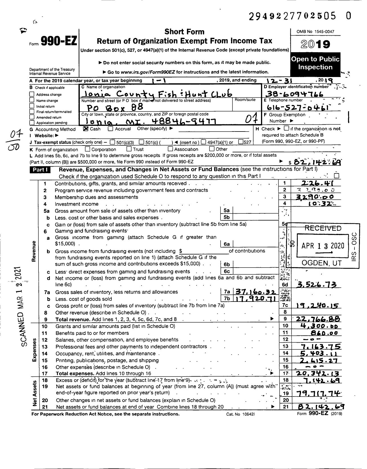 Image of first page of 2019 Form 990EO for Ionia County Fishing and Hunting Club