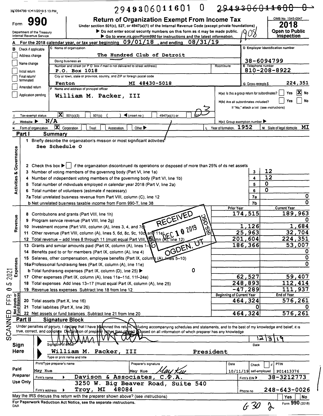 Image of first page of 2018 Form 990 for The Hundred Club of Detroit