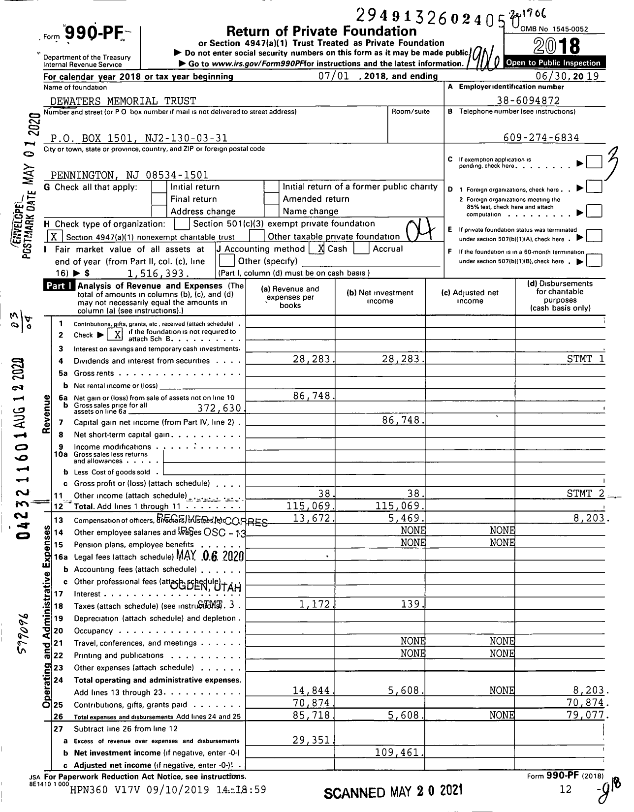 Image of first page of 2018 Form 990PF for Dewaters Memorial Trust