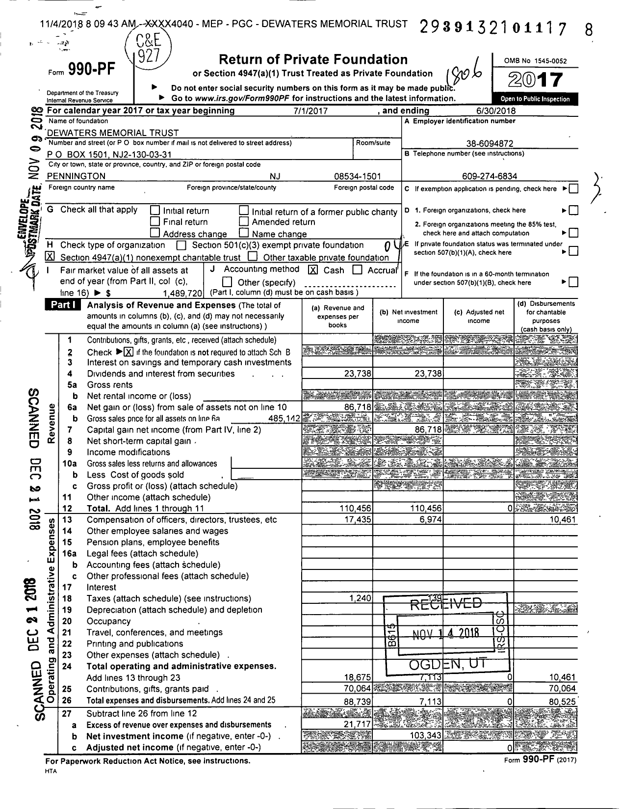 Image of first page of 2017 Form 990PF for Dewaters Memorial Trust