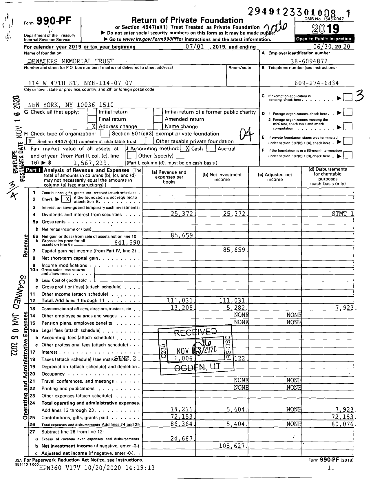 Image of first page of 2019 Form 990PF for Dewaters Memorial Trust