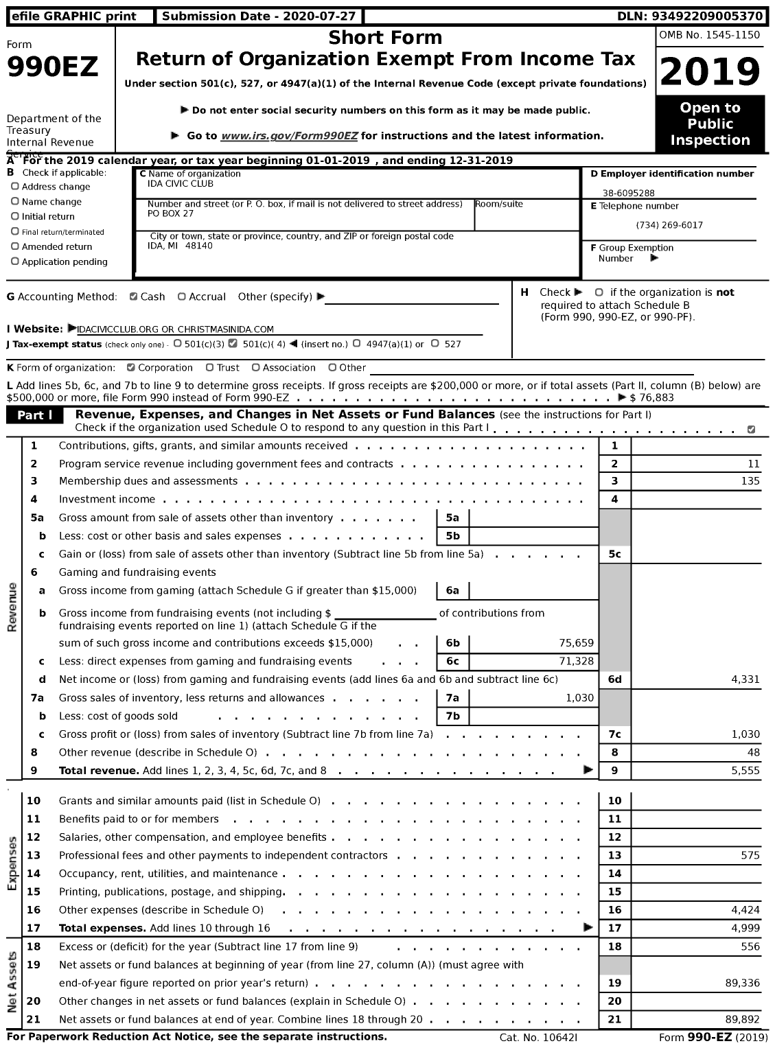 Image of first page of 2019 Form 990EZ for Ida Civic Club