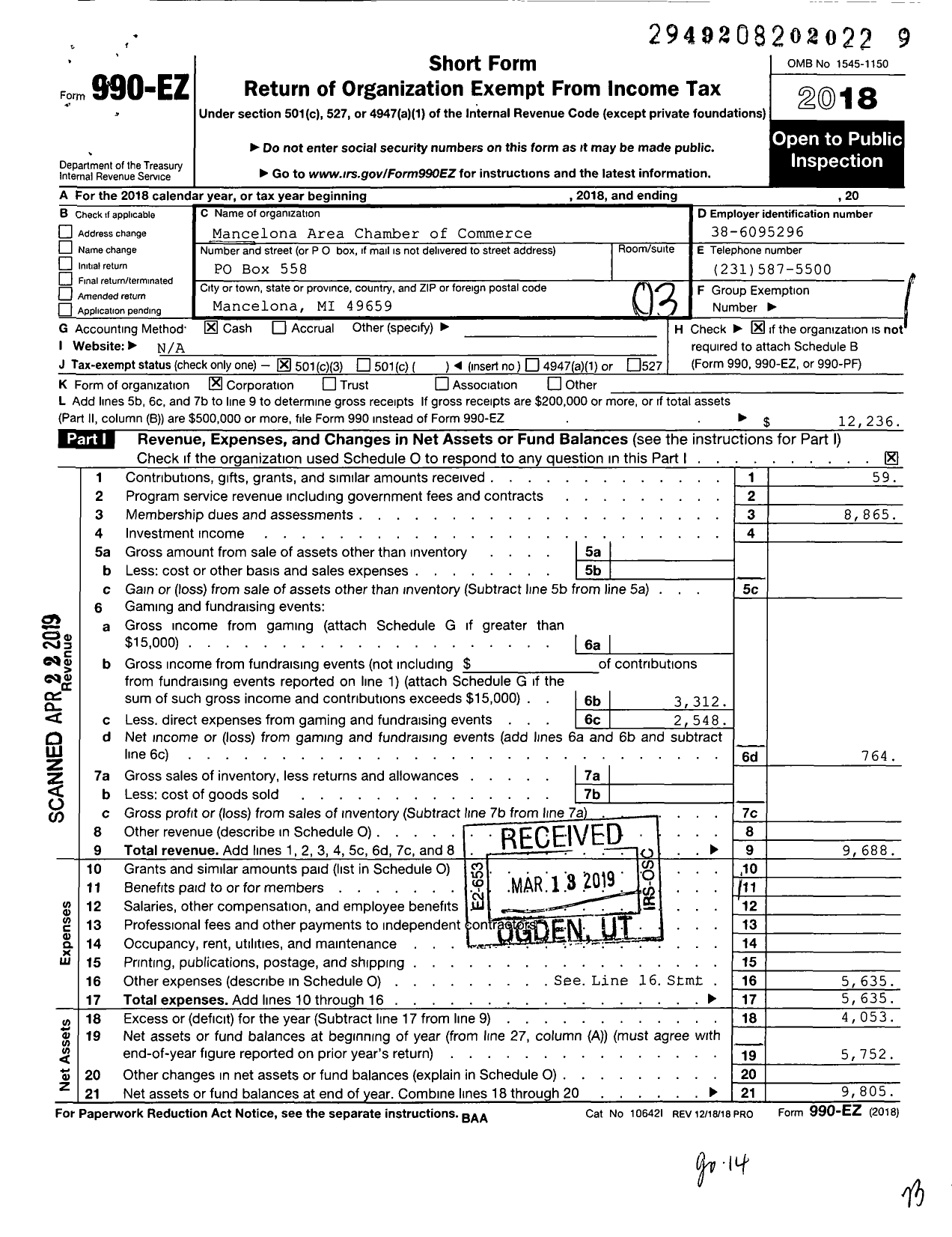 Image of first page of 2018 Form 990EZ for Mancelona Area Chamber of Commerce