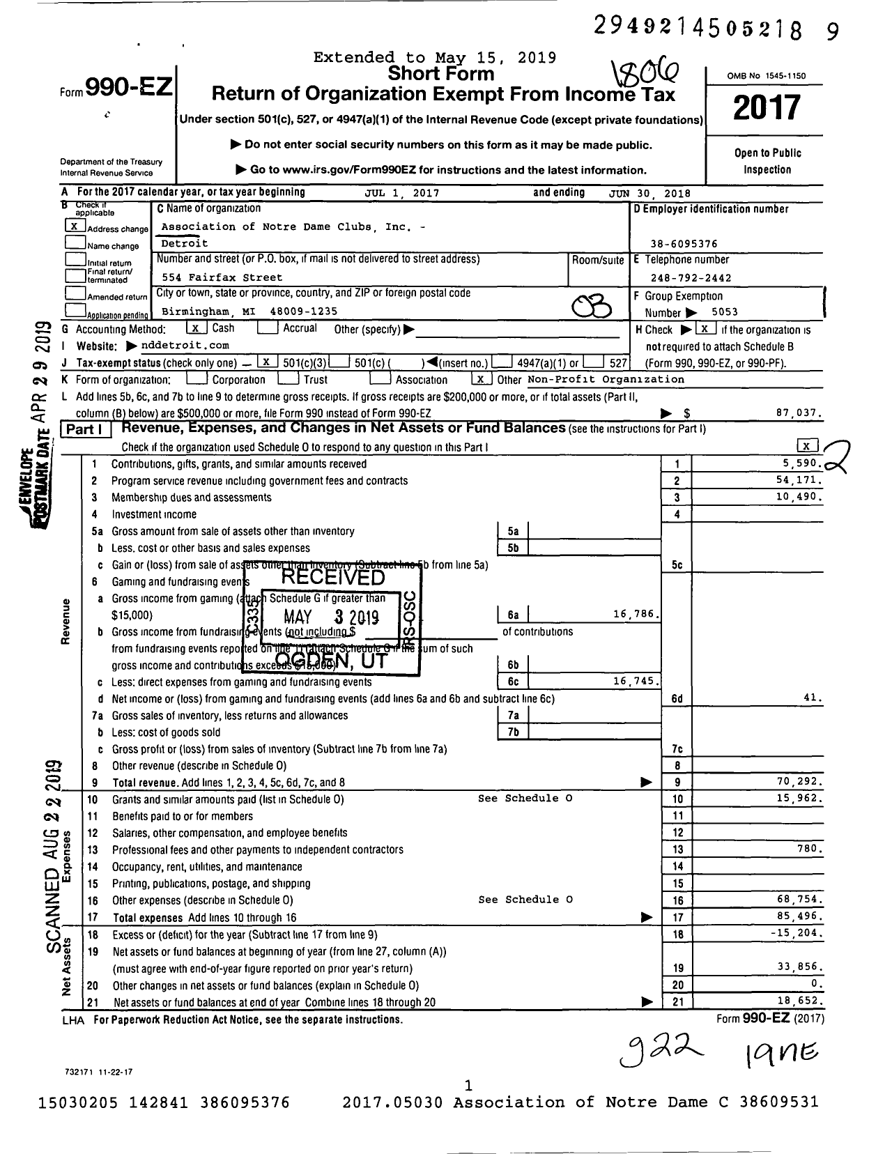 Image of first page of 2017 Form 990EZ for Association of Notre Dame Clubs - Detroit