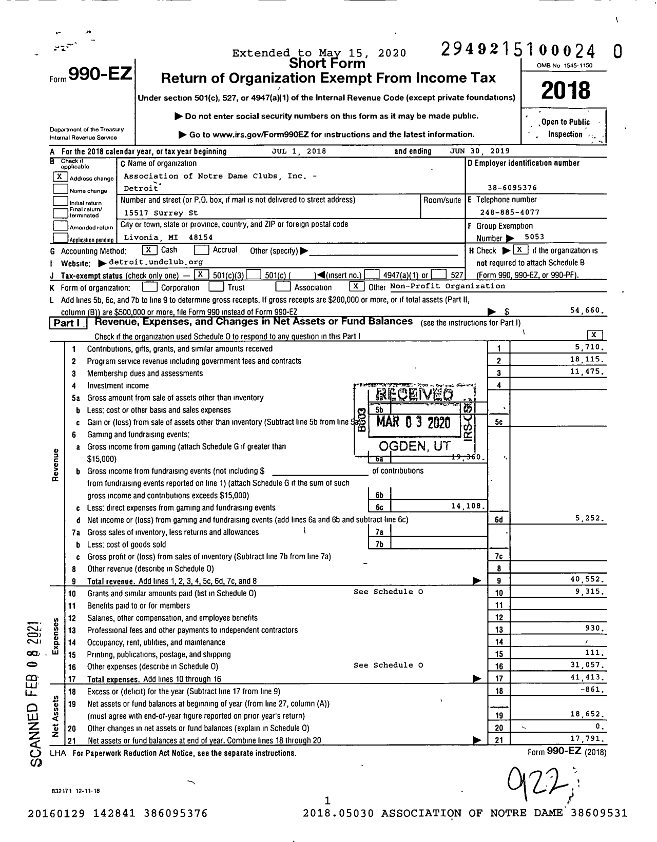 Image of first page of 2018 Form 990EZ for Association of Notre Dame Clubs - Detroit