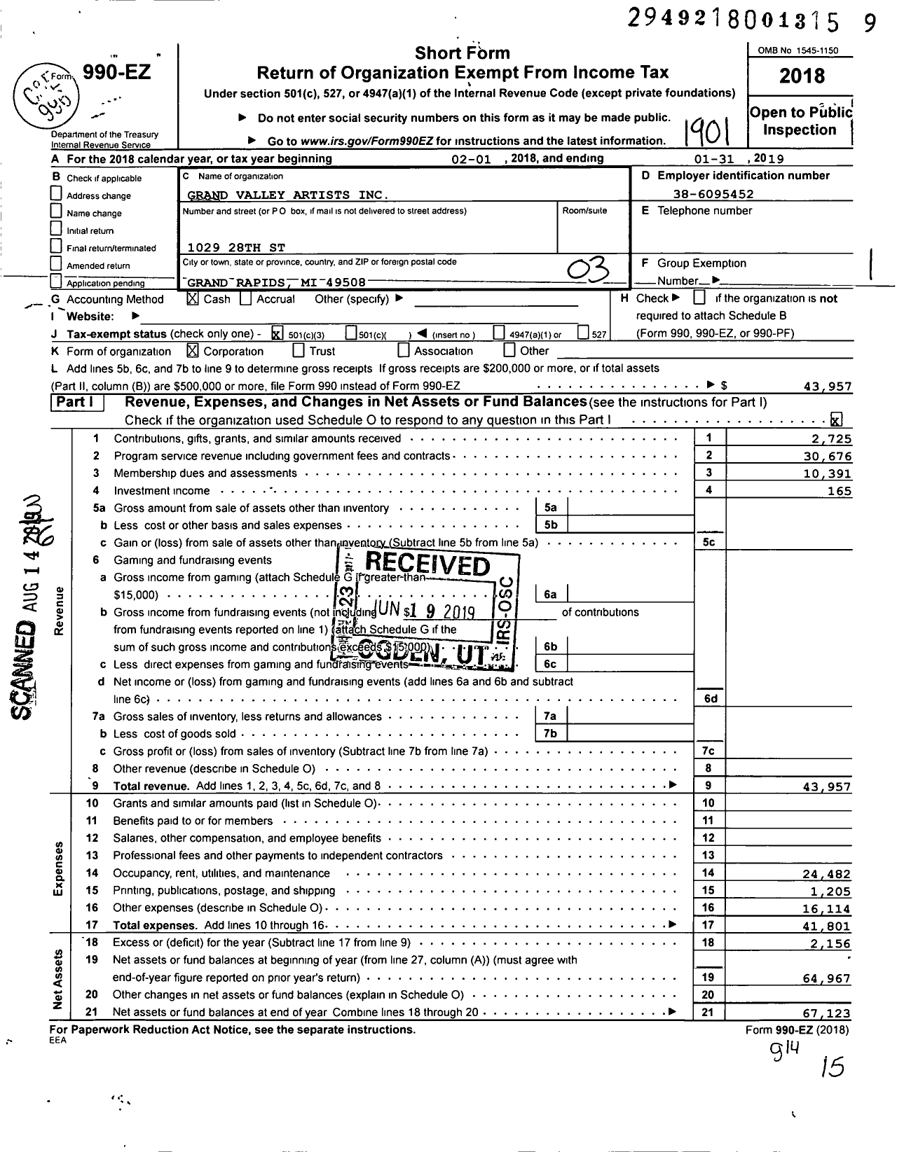 Image of first page of 2018 Form 990EZ for Grand Valley Artists