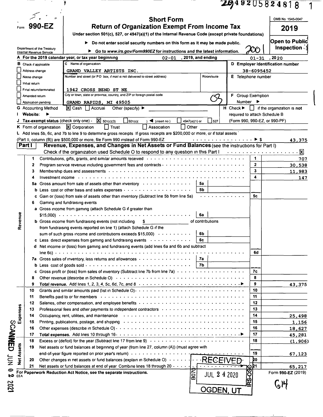 Image of first page of 2019 Form 990EZ for Grand Valley Artists