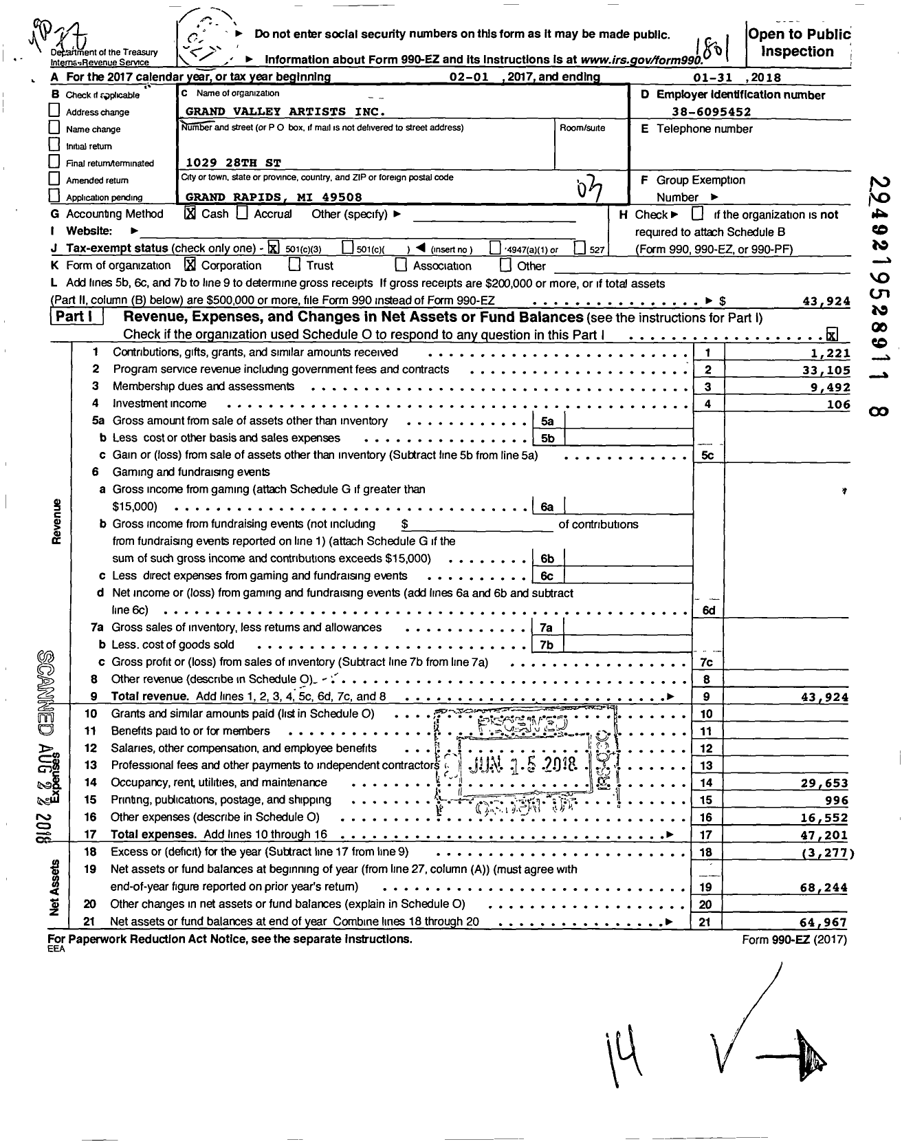 Image of first page of 2017 Form 990EZ for Grand Valley Artists