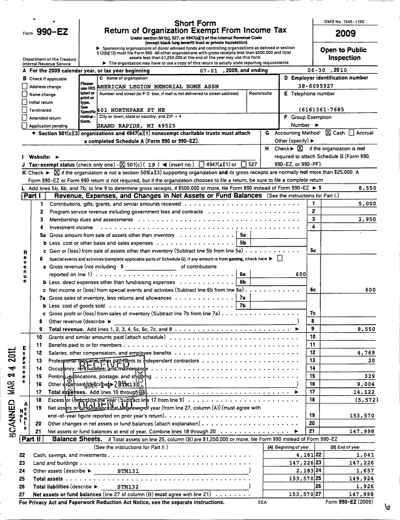 Image of first page of 2009 Form 990EO for American Legion Memorial Home Association